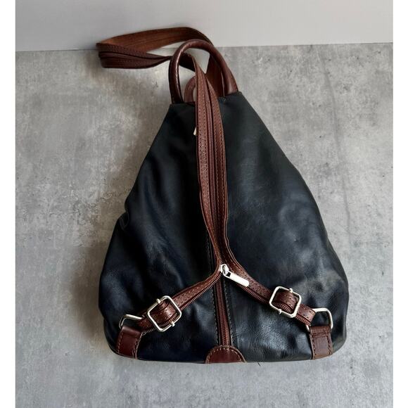 Vera Pelle Italian Leather Convertible Backpack Sling Bag Black Brown Two-Tone